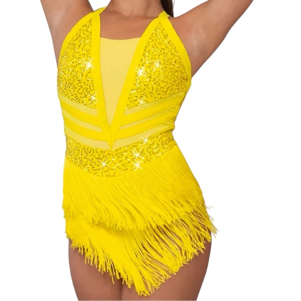 Yellow Fringe Halter Dance Dress